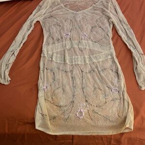 Sheer Embroidered Mesh Dress with Pink Floral Accents